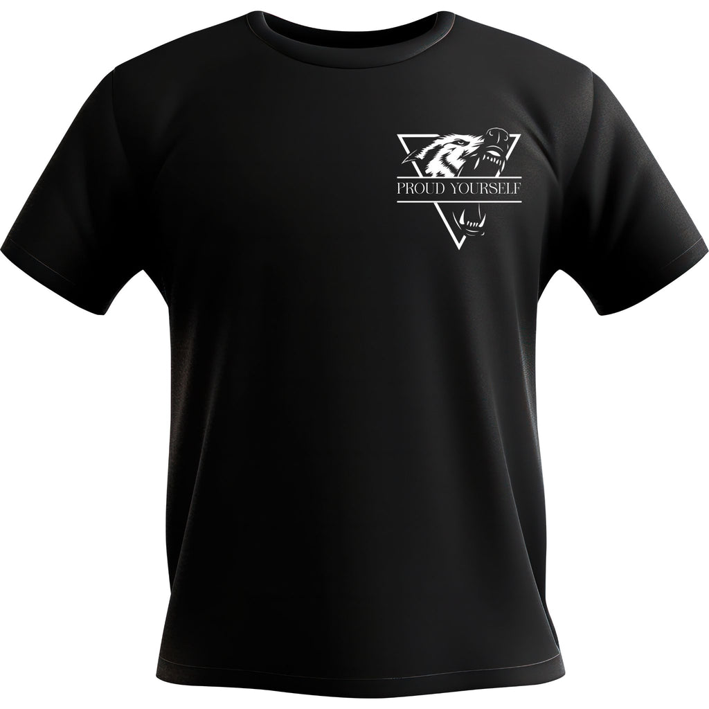 Black Graphic T-Shirt – "Proud Yourself" Wolf Design