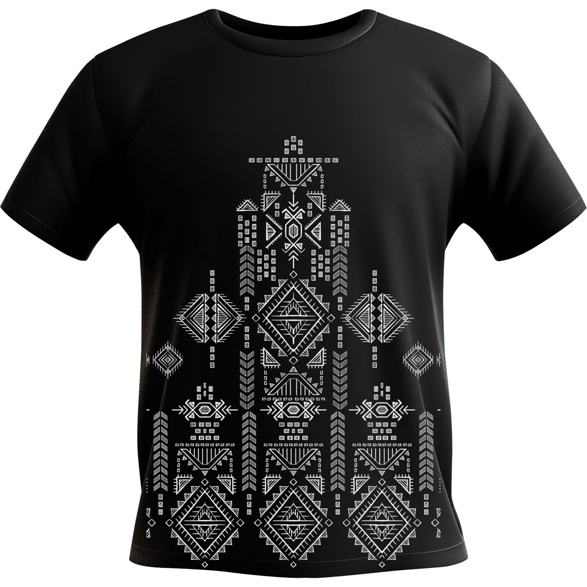 Black T-Shirt with Geometric Tribal Pattern