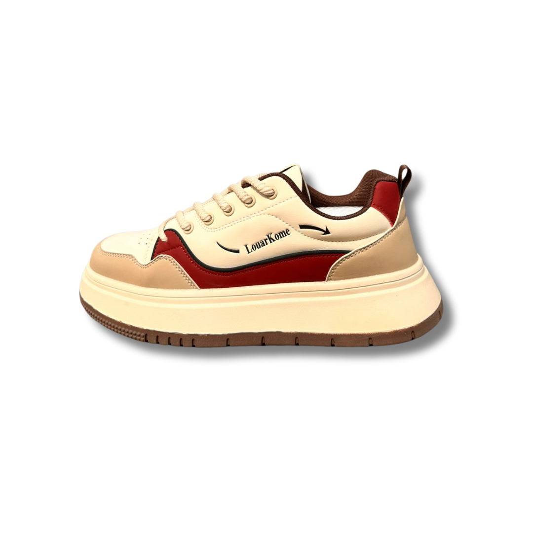 Men’s Casual Chunky Sneakers – Beige & Red Streetwear Shoes